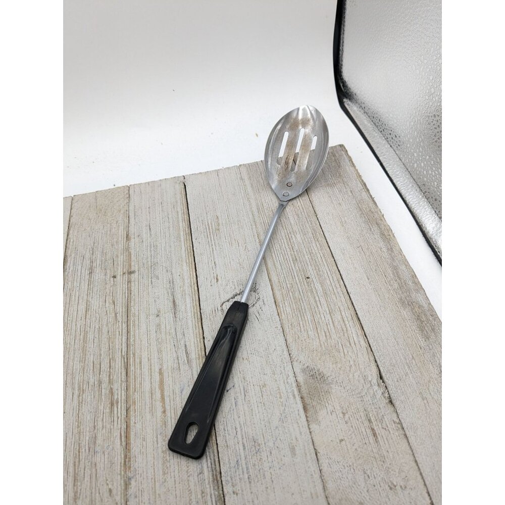 Vintage Ames 11" Slotted Serving Spoon #3 Black Handle Chrome Plated